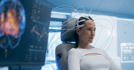 Aufkleber - Futuristic Lab Uses Advanced Neural Technology to Scan Female Patient's Brain. Monitor and Display Show Illuminated Neural Pathways, Innovation in Cognitive Research and Diagnostics
