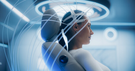 Aufkleber - Futuristic laboratory: Female Patient Wearing Headset for an Advanced Brain Scan Using Neural Connection Technology. High-Tech Cognitive Enhancement Facility. Sci-fi Concept. Portrait Shot