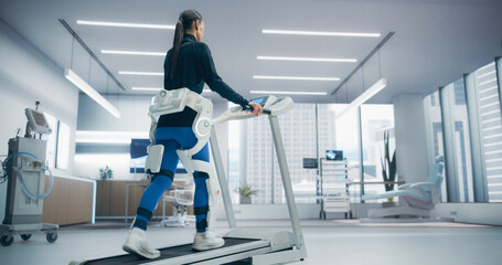 Poster - Woman in a Futuristic Medical Lab Uses an Advanced Exoskeleton on a Treadmill for Physical Rehabilitation, High-Tech Technology and Innovative Research in Recovery Techniques