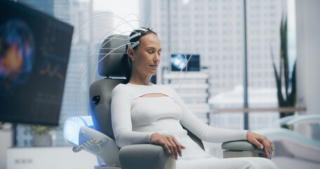 Aufkleber - Futuristic Laboratory: Female Patient Wearing Headset for an Advanced Brain Scan Using Advanced Neural Technology for Cognitive Enhancement and Neural Disease Research, Monitored by Imaging Systems.