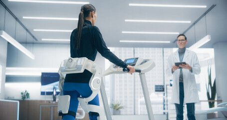 Poster - advanced physical rehabilitation in a futuristic medical lab using an exosuit on a treadmill, monito
