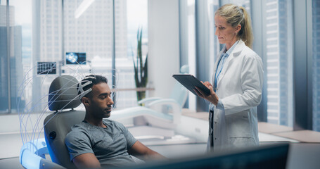 Aufkleber - Doctors in a Futuristic Lab Use Advanced Technology to Scan a Patient's Brain, Analyzing Data on High-tech Monitors. Patient, Connected to a High-Tech Device