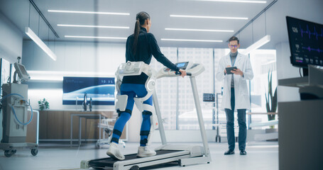 Poster - advanced physical rehabilitation in a futuristic medical lab using an exosuit on a treadmill, monito