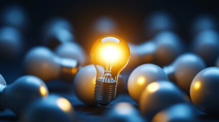 Aufkleber - A glowing light bulb stands out among many unlit bulbs, symbolizing creativity and innovation in a dark setting.