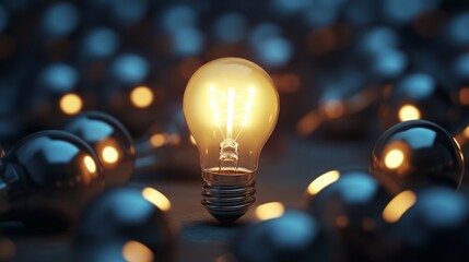 Poster - A glowing light bulb stands out among reflective spheres, symbolizing creativity and innovation in a visually striking composition.
