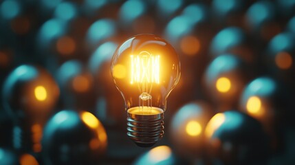 Poster - A glowing light bulb stands out among a crowd of dim bulbs, symbolizing innovation and creativity against a striking blue background.