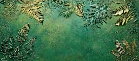 Wall Mural - intricate fern leaves in green and brown hues arranged on a textured background, showcasing nature's