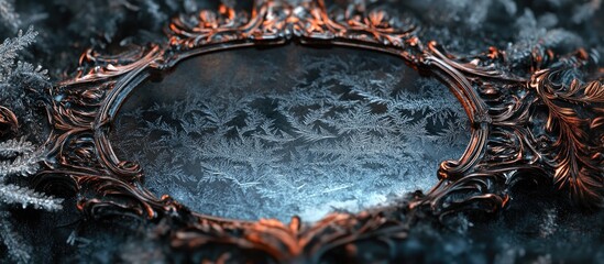 Wall Mural - intricate frost patterns on a shiny mirror highlighted by deep blue hues and ornate bronze frame ami