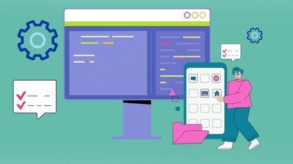 2d animation concept of software application development, mobile app interface design, coding and programming for webpage backend, technology 4k, mp4 video clip.