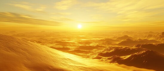 Wall Mural - Golden sunlight casts a warm glow over soft desert dunes, highlighting their curves and textures against a serene golden sky at sunrise.
