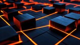 3D Rendered grid of dark cubes connected by glowing orange lines, tech background for design
