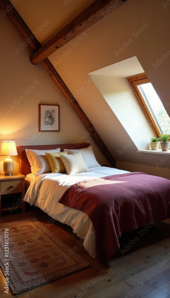 Cozy attic bedroom with sloped ceilings, exposed beams, vintage, sloped ...
