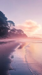 Wall Mural - A peaceful sunrise over a quiet beach, featuring soft pastel skies and gentle waves lapping the shore.