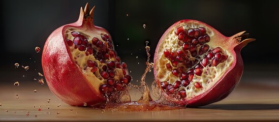 Wall Mural - Halved pomegranate with vibrant red arils and juicy streams splashing on a wooden surface, showcasing freshness and rich flavor in natural light