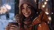 © William - Smiling Female in a Cozy Jacket Holding a Hot Beverage