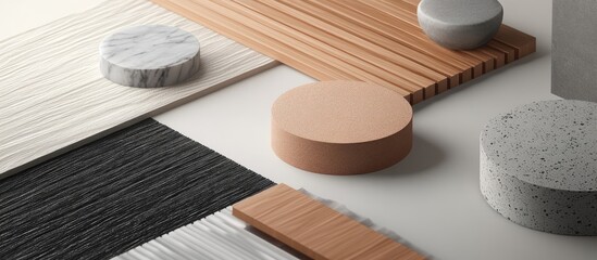 Poster - Abstract composition of natural materials featuring round and rectangular textures with beige, gray, white, and black tones on a neutral backdrop.