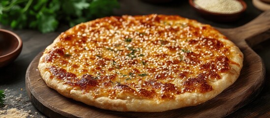 Poster - Delicious freshly baked sesame topped flatbread on a wooden board with herbs and spices in the background creating a rustic culinary scene.