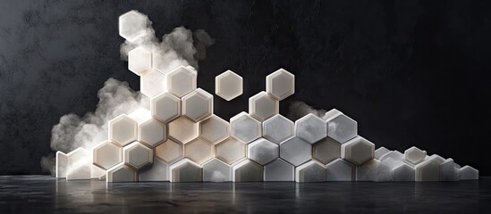 Poster - Artistic hexagons arranged creatively on a dark background with soft white mist providing a modern and innovative design aesthetic.