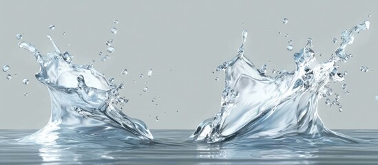 Poster - Splashing water droplets create a dynamic visual on a smooth gray surface emphasizing purity with high transparency and lively splashes on both sides.