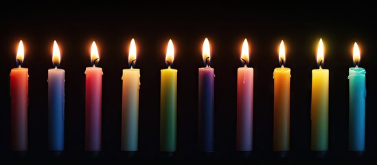 Leinwandbilder - Colorful candles in shades of pink, purple, blue, green, yellow, and orange lit against a black background, creating a serene and reflective atmosphere.