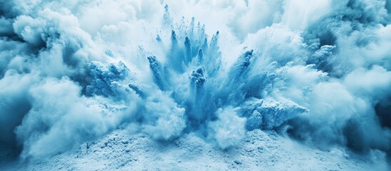Leinwandbilder - Stunning light blue powder explosion on white background creates dynamic visual symmetry with vivid textures and intricate details in the cloud form