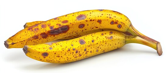 Wall Mural - Vibrant yellow spotted bananas positioned at the center on a clean white background emphasizing their natural beauty and culinary versatility