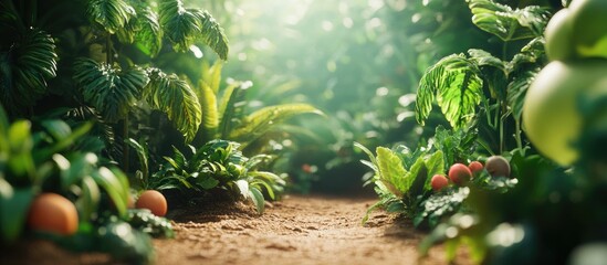 Canvas Print - Vibrant green crops thrive in lush garden under summer sunlight with oranges along dirt path showcasing resilience and abundance in nature.