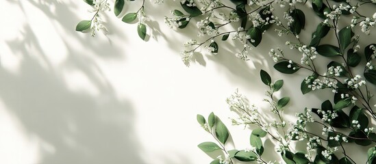 Leinwandbilder - Serene minimalist floral background with lush green leaves and delicate white flowers on the top left against a soft light backdrop creating ample copy space.
