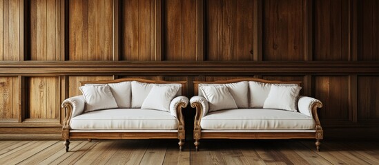 Wall Mural - Elegant wooden living room interior featuring two light beige sofas placed symmetrically against a rich brown paneled wall, enhancing luxury and comfort