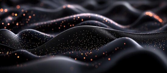 Poster - Dark undulating waves with sparkling golden particles on a textured black background creating a sense of depth and luxury in a surreal environment