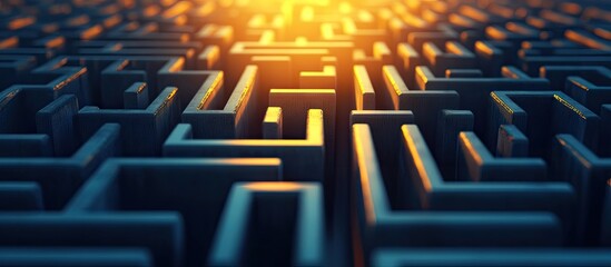 Poster - Intricate 3D maze structures in dark blue hues, illuminated by warm golden light from the background, creating a sense of depth and complexity.