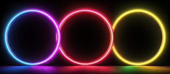 Poster - Mega neon circular black frame with glowing pink, purple, and yellow halos positioned on a dark background for vibrant creative displays.