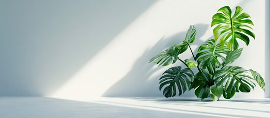 Poster - Lively monstera plant in a minimalist interior with soft shadows highlighting a serene light gray wall and smooth white floor creating tranquility