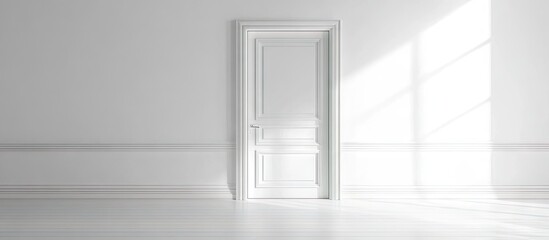 Poster - Minimalist white interior featuring a doorway with soft natural light casting shadows on smooth walls creating a serene and elegant atmosphere
