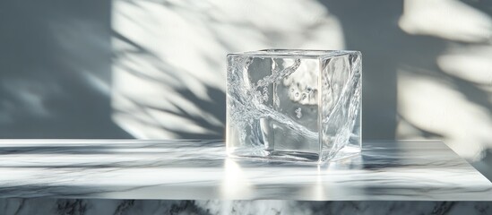 Poster - Transparent glass cube on a marble surface casting intricate shadows with soft gray and white tones creating a minimalist art focal point