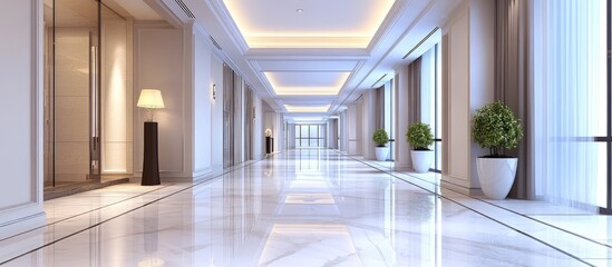 Sticker - Bright and spacious corridor featuring a modern glass ceiling with warm neutral tones, white marble floors, natural light, and stylish greenery.