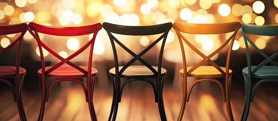 Poster - Chairs in vibrant colors arranged in a linear formation against a warm bokeh light background creating an inviting atmosphere for design use