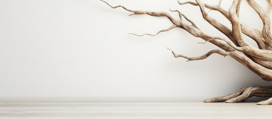 Poster - Minimalist composition of natural wood branches against a clean white wall highlighting organic textures and forms with warm brown tones and soft shadows