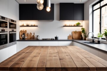 Wall Mural - A modern kitchen interior with a focused tabletop and contemporary design, featuring luxury furniture, wooden cabinets, and stylish decor in a bright and spacious apartment