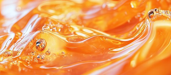 Poster - Close-up of textured glass marble surface with vibrant orange background showcasing detailed patterns and smooth liquid swirls in warm hues.