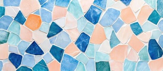 Leinwandbilder - Colorful mosaic tiles in shades of turquoise, light blue, peach, and white arranged randomly in an abstract pattern on a smooth surface.