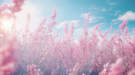 A serene view of pink flowering plants reaching up toward a light blue cloudy sky in the sunshine