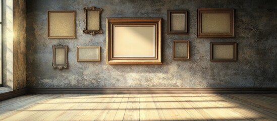 Wall Mural - Rustic home interior with empty ornate picture frames on a textured wall, sunlight casting shadows on warm wooden flooring, evoking personalized charm