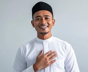 Canvas Print - An Indonesian man wearing a white shirt with a black Islamic hat is smiling and placing his hand on his chest, isolated against a solid background in a studio shot. 