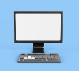 Poster - 3d Gaming PC desktop computer with blank white screen and gamer keyboard render. Modern monitor with keypad for video game or streaming, cartoon design element for cyber sportsman. 3D illustration
