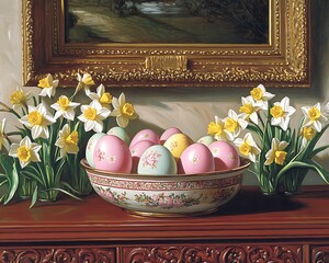 Poster - Pastel Easter eggs, daffodils, mantelpiece, painting