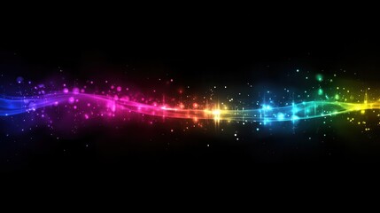 Poster - technology concept. Abstract Glowing line of light, background with colorful light lines and glowing dots in dark blue, black, pink, purple, green, and yellow colors, Copy space