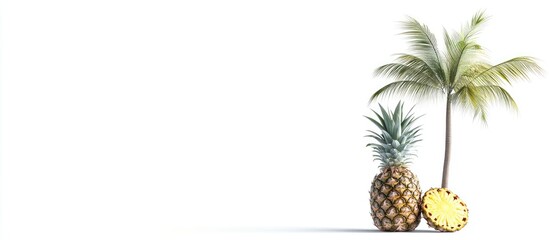 Wall Mural - Vibrant ripe pineapple in front of a tall palm tree against a clean white background highlighting bright yellow and green colors of tropical fruits.