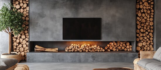 Wall Mural - Rustic microcement fireplace with log storage, gray tones and warm wood accents, TV mounted above with cozy seating arrangement on the side