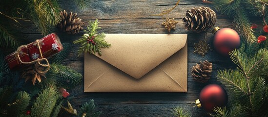 Wall Mural - Charming rustic Christmas envelope adorned with pinecones and holly on dark wooden background, surrounded by festive ornaments and wrapped gift